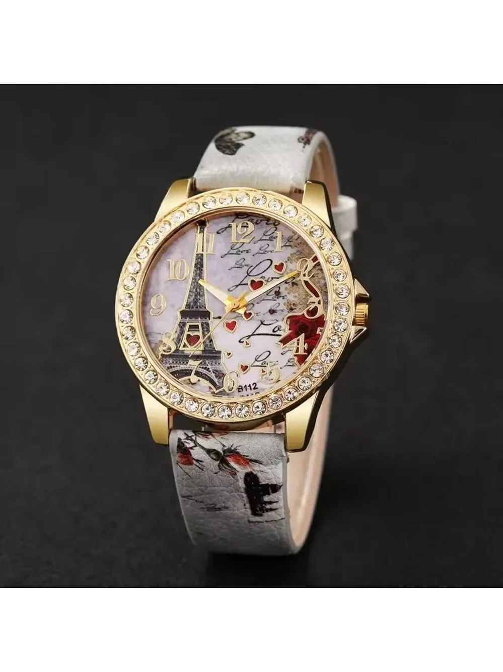 Elegant High Fashion Women’s Quartz Gold and Gray Eiffel Tower Love Watch Grey